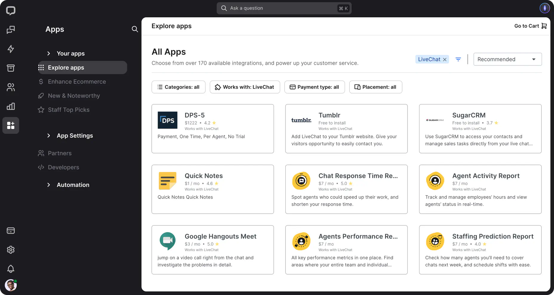 A preview of the Apps section in the LiveChat® agent app, showcasing the apps available in the LiveChat® Marketplace.