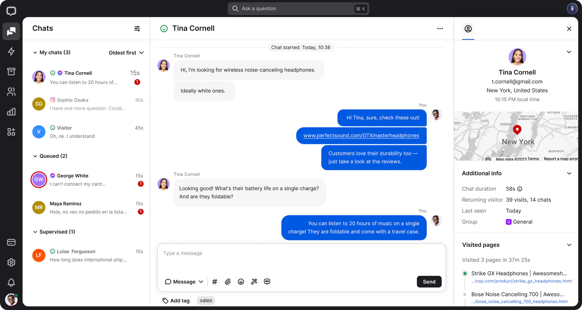 A preview of the Chats section in the LiveChat® agent app, showcasing the chat list, chat feed, and customer details all at once.