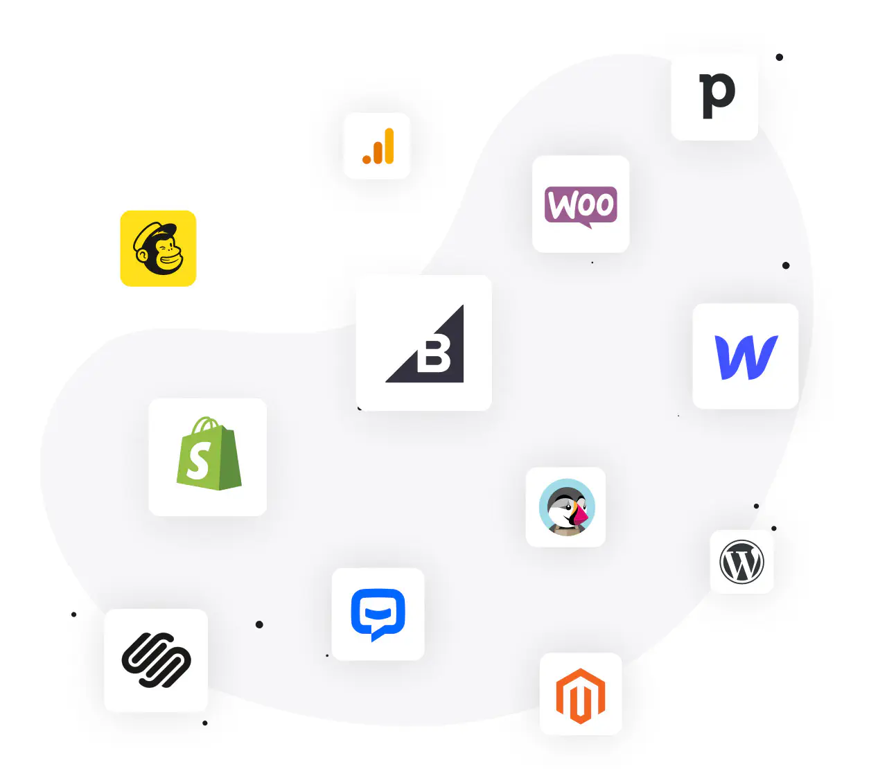 Logos of LiveChat® integrations for ecommerce: Facebook, Shopify, Mailchimp, WordPress, Slack, Google Docs, Hubspot and more