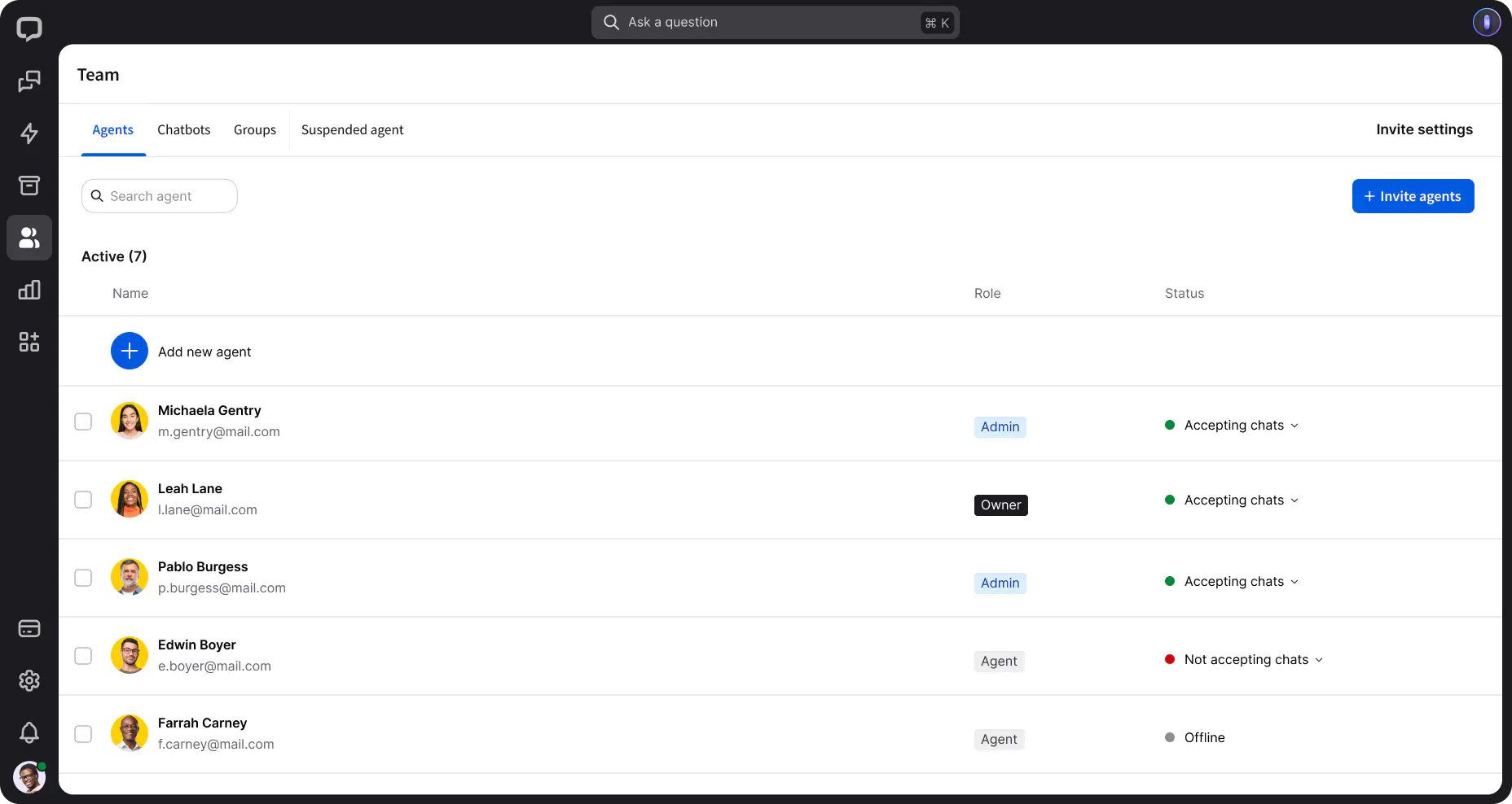 A preview of the Team section in the LiveChat® agent app, showcasing the list of agents added to your LiveChat® license.